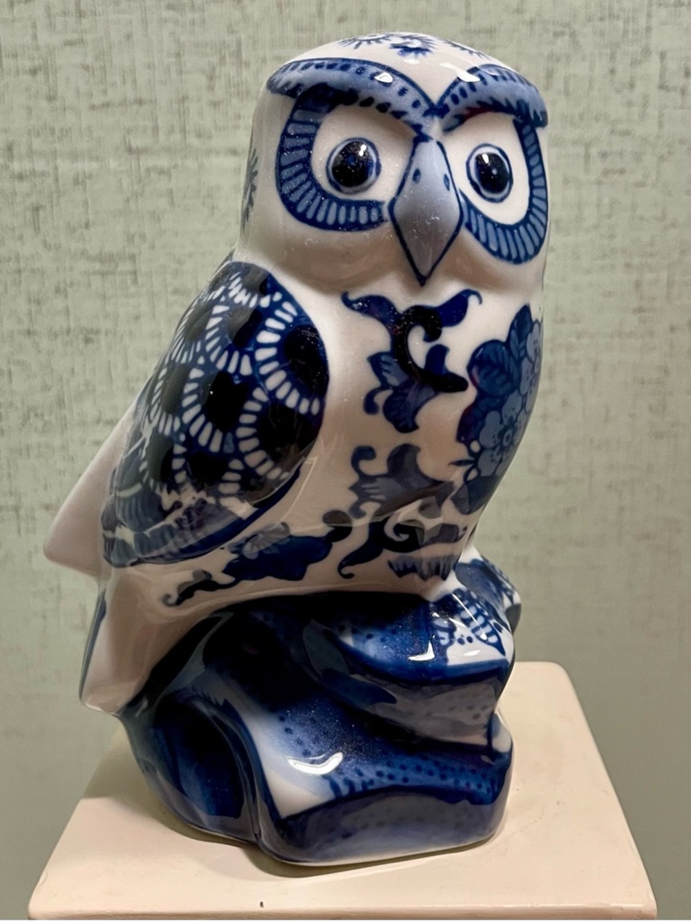 Blue and White Ceramic Owl Figurine - Decorative Home Art